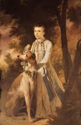 Portrett av John Graham, som en gutt, i full lengde, i indisk kjole som holder en krans med blomster rundt halsen på en mynde ved siden av seg, i et landskap.,