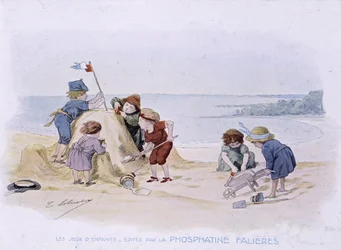 Barneleker: barn bygger et sandslott - dess. de Lobrichon, red. av Phosphatine Falières, v.1920