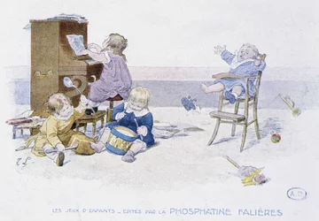 Barneleker: barn som spiller ulike musikkinstrumenter - dess. de Lobrichon, red. av Phosphatine Falières, v.1920