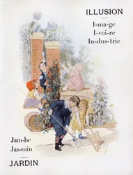 Bokstavene I og J som representerer barn i en hage, sent på 1800-tallet (kromolitografi)