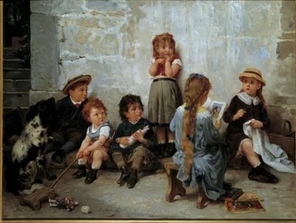 Den spennende passasjen: Barn som lytter til en bok. Maleri av Timoléon Lobrichon (1831-1914), 1800-tallet. Privat samling