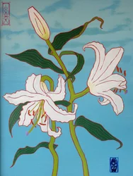 Hvit lilje på blå bakgrunn, 2010, olje på tre
