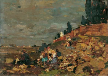 Barn ved kirkegårdsmuren
