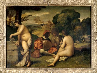 Hyrdekonserten. Musikere på gresset, de to kvinnene er nakne, og den ene fylte krukken sin med vann ved en fontene. Maleri tilskrevet Tiziano Vecellio, kalt Tizian (1485-1576), eller Giorgio da Castelfranco, kalt Giorgione (1476/1478-1510). H. 1,05 x 1 m