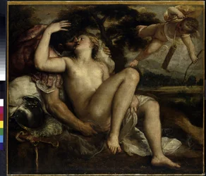 Mars, Venus og Amor. Maleri av Tiziano Vecelli eller Vecellio, også Tiziano da Cador, kalt Tizian eller Le Titien (ca. 1490-1576), olje på lerret, ca. 1530. Italiensk kunst (Venezia)