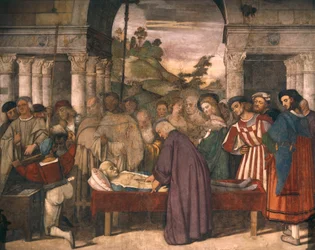 Miracle of Miser's Heart, detalj fra Scenes from Life of St Anthony of Padua av Titian (cirka 1490-1576), freskomaleri, School of Saint or Scoletta, Padua