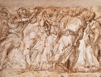 Studie av gruppen av apostlene i kirken for opptagelse av Frari i Venezia, Tiziano Vecellio (ca 1490-1576), penn- og blekktegning