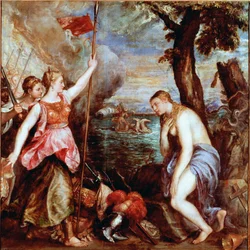 Spania til hjelp for religionen: allegori om seieren til troppene til pave Pius V (inkludert Spania) over flåten til det osmanske riket i sjøslaget ved Lepante i 1571. En kvinne som ble nektet (religion) blir reddet av en kriger som representerer Spania. M