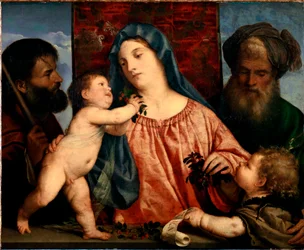Kirsebærmadonnaen De hellige Josef, Sakarja og døperen Johannes omgir Maria og barnet. Maleri av Tiziano Vecellio kalt Titian (ca. 1490-1576) 1515-1520 Søn. 81x99,5 cm Wien, Kunsthistorisches Museum, Østerrike