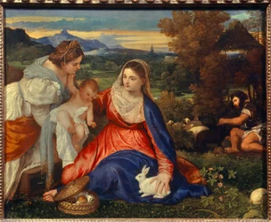 Jomfruen og barnet med den hellige Katarina eller Jomfruen med kaninen. Maleri av Tiziano Vecellio, kalt Tizian (1485-1576), 16. århundre. H. 0,71 x 0,87 m, Paris