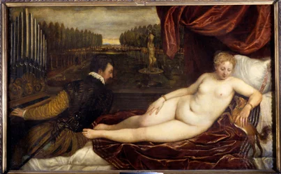 Konserten Un woman nude lie en pres un homme som spiller orgel. Maleri av Tiziano Vecellio kalt Titian (1485-1576)