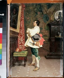"Before a Portrait" (Before a Portrait) En mann, kledd i uniformen til en musketer fra 1600-tallet, som beundrer et maleri (sitt eget portrett) Maleri av Tito Conti (1842-1924) Mikhail Kroshitsky kunstmuseum, Sevastopol (Sevastopol) Ukraina