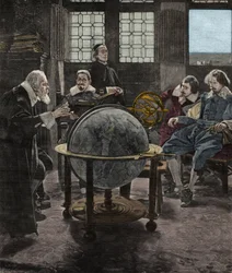John Milton (1608-1674) besøker Galileo Galilei (Galilei) i hans fengsel under inkvisisjonen i Arcetri, nær Firenze, i 1640. 1800-tallsgravering etter et maleri av T. Lessi.