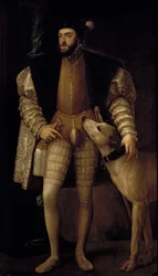 Charles V (1500-58) Den hellige romerske keiseren og kongen av Spania med sin hund, 1533