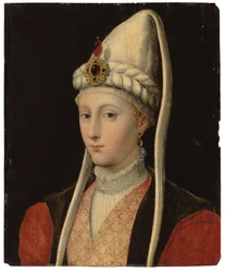Brystportrett av en kvinne, muligens Haseki Hürrem Sultan, kalt Roxelana, i osmansk drakt og med et juvelbesatt hodeplagg