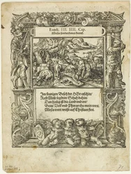 Moses and the Burning Bush (recto) og The Infant Moses Put into the River (verso) fra Neue künstliche Figuren biblischer Historien, plate 55 fra Woodcuts from Books of the XVI Century