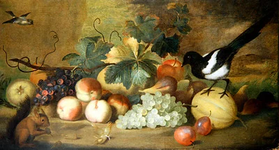 Et stilleben av frukt med en skjære og et rødt ekorn (olje på lerret)