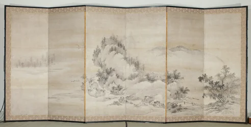Landskap, tidlig på 1600-tallet (par skjermer med seks paneler; blekk og gull på papir)