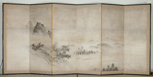Landskap, tidlig på 1600-tallet (par skjermer med seks paneler; blekk og gull på papir)