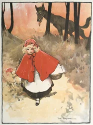 Rødhette på vei til bestemoren, observert av en ondsinnet, glåpende ulv. Illustrasjon av Tom Browne (1872–1910) til eventyret. Utgitt 1900