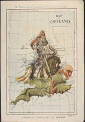 A Modern St George and the Dragon: En politisk tegneserie, i form av et kart over England, som satiriserer Gladstones parlamentariske nederlag over det irske hjemmestyret. St. Stephen