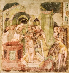 Legend of St Ursula: Baptism of Prince of England, av Tommaso da Modena (1326-1379), fresco, Church of Santa Caterina, Treviso
