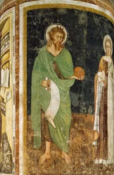 St Agnes og St John Baptist, detalj fra kolonne dekorert av Tommaso da Modena (1325 eller 1326-før 1379), fresco, St Nicholas Church, Treviso, Italia