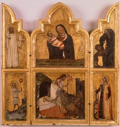 Polyptyk i tre med gull og jomfru og barn, Kristi oppstandelse og de hellige, av Tommaso da Modena (1326-1379).