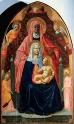 Madonna har barn med Saint Anne og fem engler Detrempe på tre av Masaccio (Tommaso di ser Giovanni di Mone Cassai) (1401-1428) 1424-1425 Mål 175x103 cm Firenze, Galleria degli Uffizi (Kontorer)