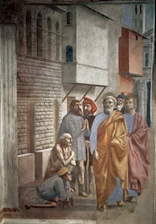 Sankt Peter helbreder syke med sin skygge - Sankt Peters skygge helbreder syke - freske av Tommaso di ser Giovanni di Mone Cassai, kalt Masaccio (1401-1428), 229,8 x 161,9 cm