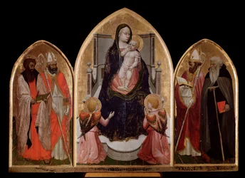 San Giovenale-triptyk: Jomfru Maria med barnet, venstre panel med den hellige Bartolomeus og den hellige Blasius, og høyre panel som viser den hellige Juvenalis (Giovenale) - altertavle