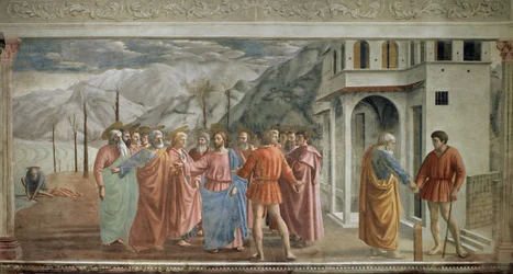 Skattepengene, freske av Tommaso di ser Giovanni di Mone Cassai, kalt Masaccio (1401-1428), 254,5 x 598,3 cm