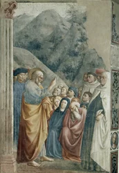 Predikasjon av St. Peter - Fresco av Tommaso di Cristoforo Fini dit Masolino da Panicale (1383-rundt 1440), 255x162 cm, ca. 1425. Firenze, Santa Maria del Carmine-kirken, Brancacci-kapellet