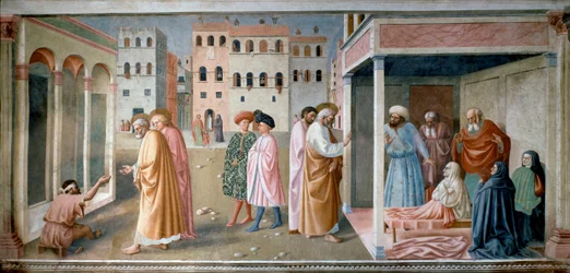 Sankt Peter kjemper om østropien og gjenoppstandelsen til Tabitha Fresco av Tommaso di Cristoforo Fini dit Masolino da Panicale (1383-rundt 1440)