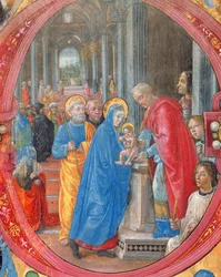 Corale B 26 c.113r Historikert initial C som viser presentasjonen i tempelet, med et portrett av Lorenzo den storslåtte 1449-92 ved en søyle på høyre side vellumdetalj fra 179198