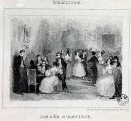 En kunstneraften: ball- og kortspill under en borgerlig aften Tegning av Antoine Johannot dit Tony Johannot (1803-1852) 1831 Paris, Bibliotheque de l
