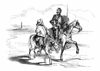 Don Quijote rir på hesten sin Rosinante med sin trofaste væpner Sancho Panza på eselet sitt. Illustrasjon til Cervantes