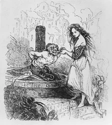 Esmeralda gir Quasimodo noe å drikke, illustrasjon fra «Ringeren i Notre Dame» av Victor Hugo