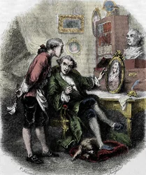 Illustrasjon av "" Reise rundt på rommet mitt"" (1794) av Xavier de Maistre. Illustrasjon av Tony Johannot