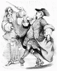 Moliere: Den borgerlige herren, herr Jourdain, danser under ledelse av sin musikklærer. Gravering av Tony Johannot i utgaven av de komplette verkene, Paulin 1836.