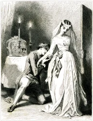 Sukkende elskerinne kneler ved føttene til hans vakre forlovelse i et interiør med levende lys - jente i romantisk kjole og frisyre - gravering (etsning 1845) av Tony Johannot (Antoine Johannot dit)