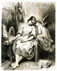 Ung kvinne (spinner) sovende ved hjulet sitt - en engel lener seg over skulderen hennes - søvn - drøm - dagdrømmeri - kjærlighet - gravering (etsning 1845) av Tony Johannot (Antoine Johannot dit)