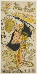 Skuespilleren Segawa Kikunojo I som Hanjo i stykket "Tsumagoi Sumidagawa," fremført på Nakamura Theatre i den tredje måneden, 1733