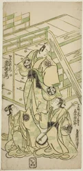 Skuespillerne Ichimura Uzaemon VIII som Onio Shinzaemon og Onoe Kikugoro I som kurtisanen Usugumo i stykket "Nanakusa Wakayagi Soga," fremført på Ichimura Theatre den første måneden, 1744