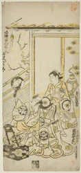 Skuespillerne Tamazawa Saijiro I som Oiso no Tora og Ichimura Uzaemon VIII som Soga no Juro i stykket "Haru wa Akebono Kuruwa Soga", fremført på Ichimura Theatre den første måneden, 1743