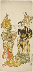 Skuespillerne Yamashita Kinsaku I og Hayakawa Hatsuse som dukkespillere i stykket "Dagbok holdt på en reise til Izu" ("Funadama Izu Nikki"), fremført på Nakamura Theatre den første måneden, 1725