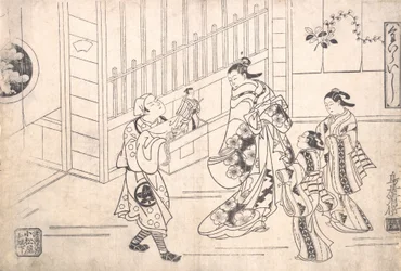 Skuespilleren Ichimura Takenojo VIII i rollen som en dukkefører, viser Puppets to a Cour..., ca. 1715.