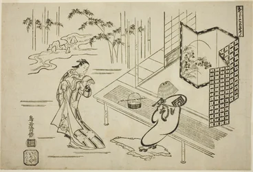 Skuespillerne Nakamura Takesaburo I som Kewaizaka no Shosho og Ichikawa Danjuro II som Soga no Goro kledd som en komuso i stykket "Bando Ichi Kotobuki Soga," fremført på Nakamura Theatre den første måneden, 1715