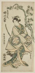 Skuespilleren Anegawa Daikichi som Ayame no Mae i stykket «Miyo no Hana Yunzei Kagami», oppført på Morita-teateret i den ellevte måneden i 1760.
