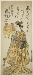 Skuespilleren Arashi Hinaji som maiko Uriuno i stykket «Ume ya Suisen Izu no Irifune», oppført på Morita-teateret i den ellevte måneden i 1763.